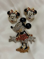Vintage Disney Mickey Mini Mouse Enamel Rhinestone Brooch / Pin & Earrings picture