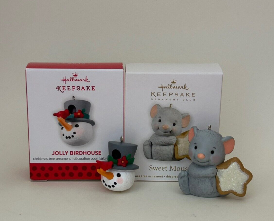 Lot of 2 Hallmark Mini Ornaments - Sweet Mouse (2012) & Jolly Birdhouse (2013)