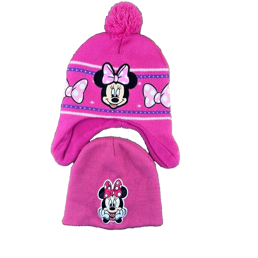Pair of two mini mouse Disney Junior pink kids girls hats beanies ear muffs