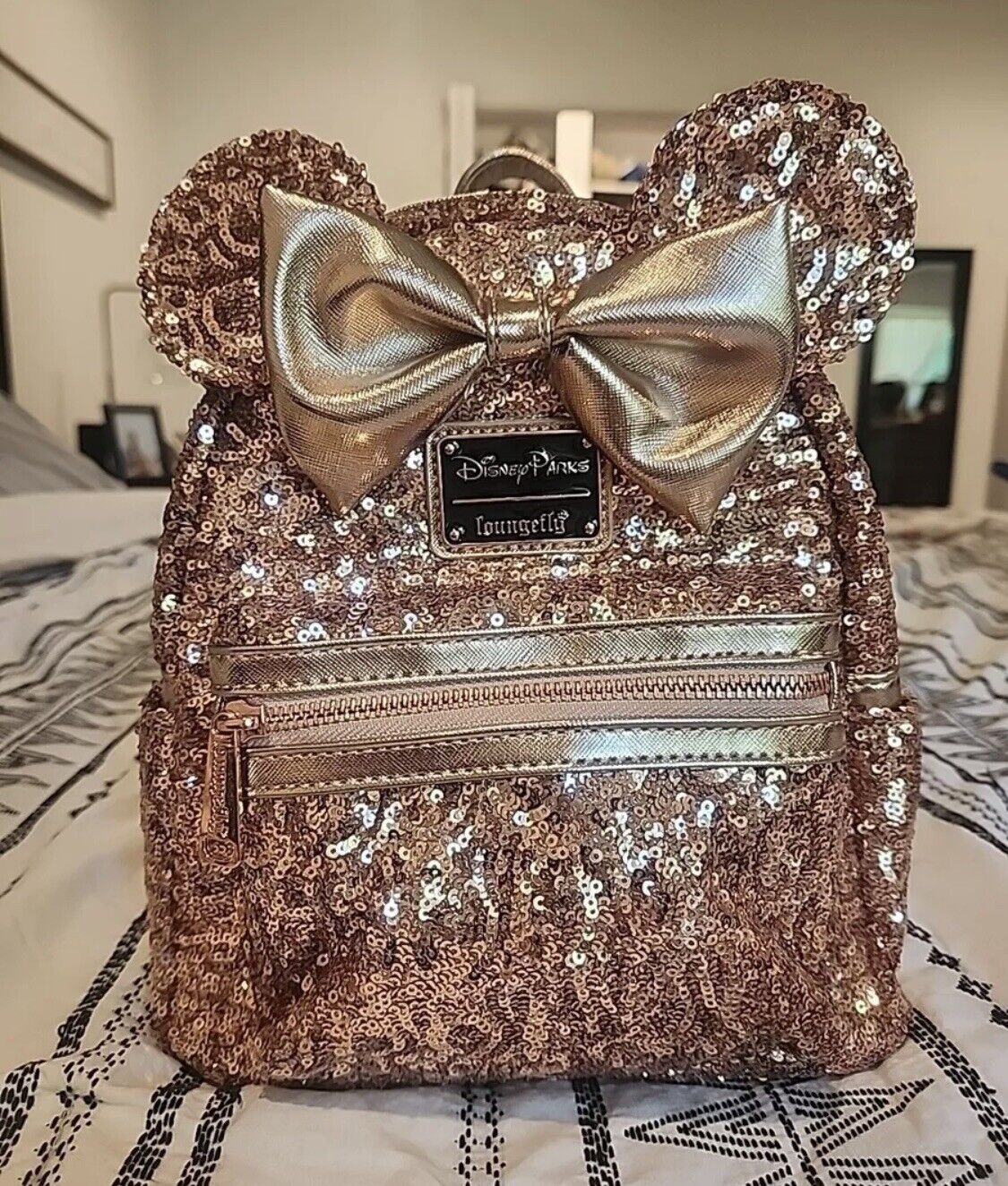 Disney Parks Minnie Mouse Rose Gold Sequin Loungefly Mini Backpack
